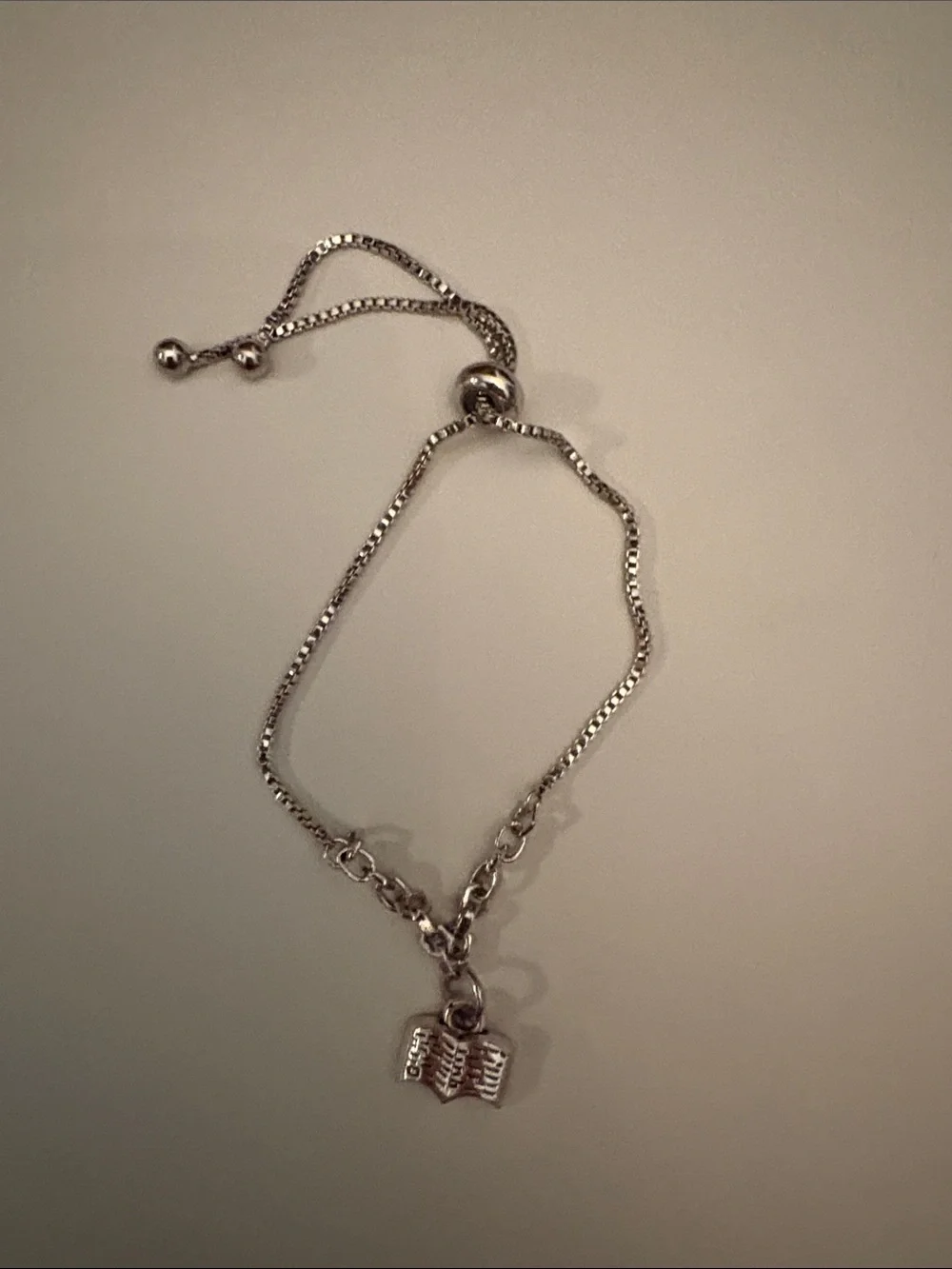 Sterling Silver Book Charm Adjustable Bracelet - Silver